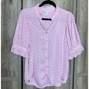 Cupcakes & Cashmere Top Size M Pink Polka Dot Button Up Ruffle Neck